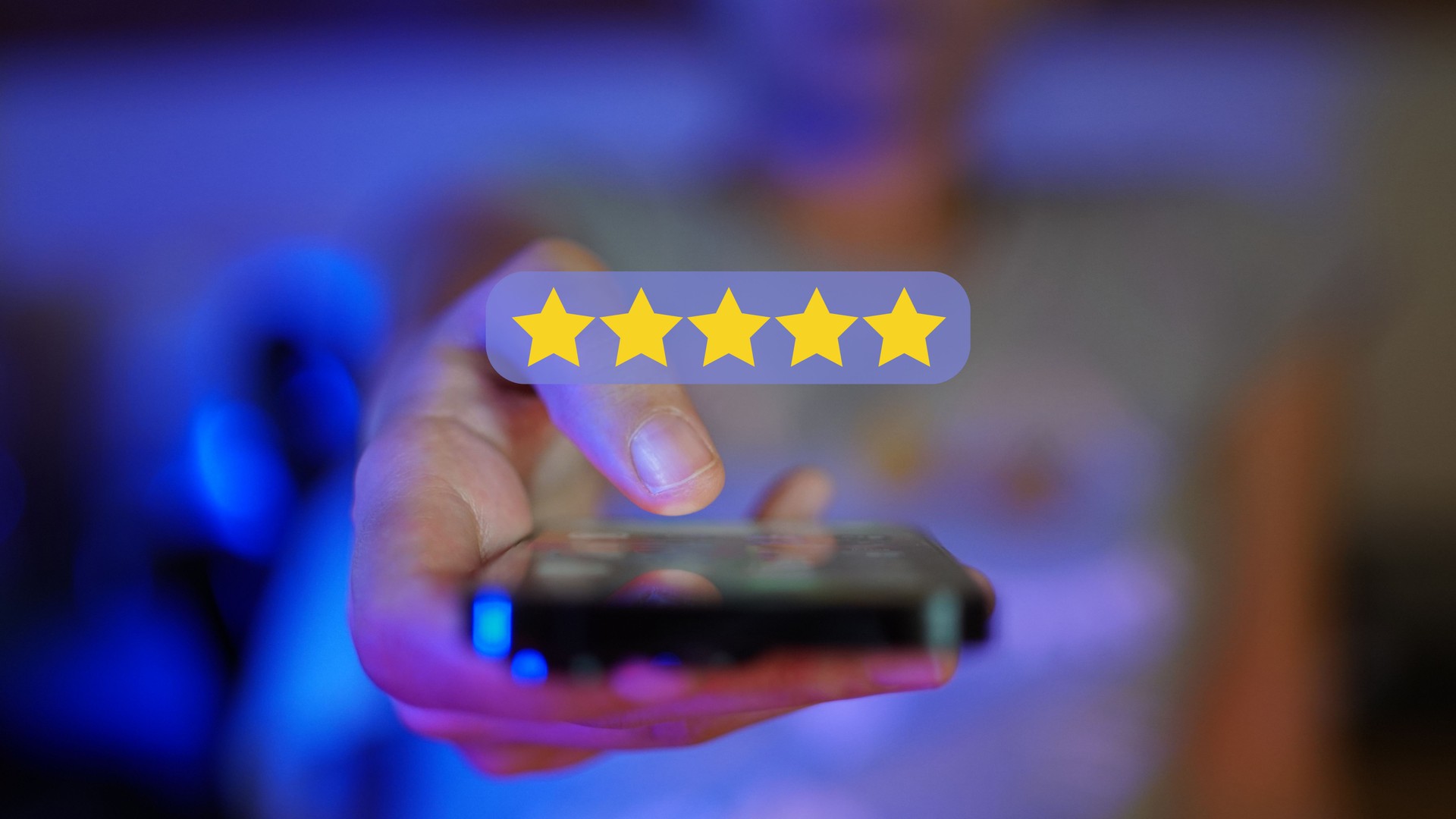 Woman Showing Mobile Phone to Camera, Close-up, Rating 5 Stars Digital Overlay